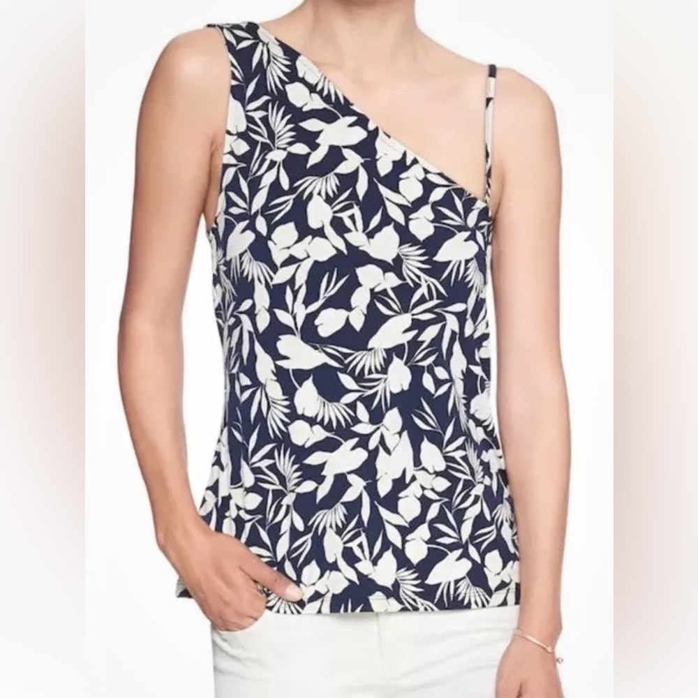 Banana Republic Women Size M Floral Print Matte Jersey One Shoulder Top Navy